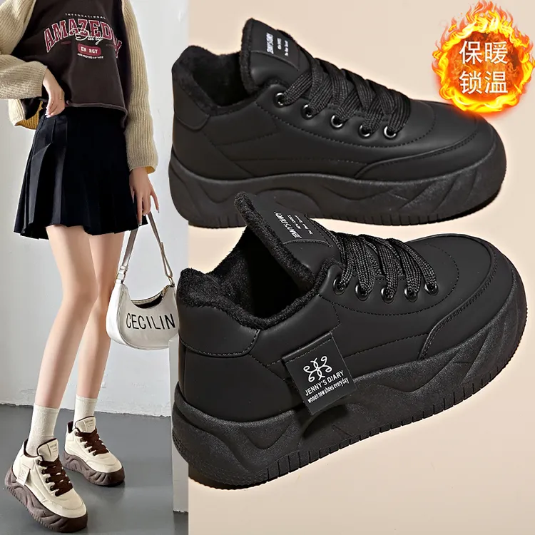 厨房专用防滑鞋女款秋季全黑色加绒运动鞋皮面防水防油软底工作鞋