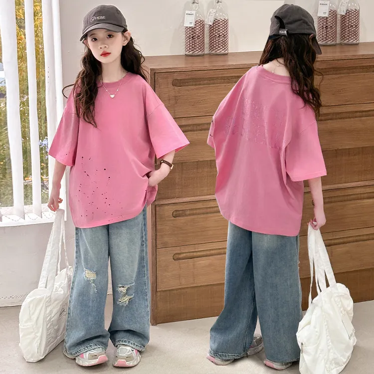 女童夏季套装2025新款女大童短袖薄款牛仔裤宽松两件套夏装休闲