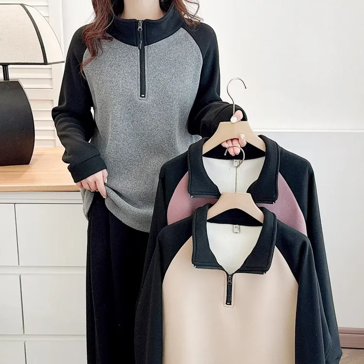 冬季加绒加厚翻领百搭大板型加宽加大微胖mm大码女装套头卫衣内搭