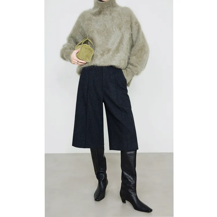 高级感简约时髦松弛意式法兰绒羊毛六分裤厚款毛呢裤配靴子中裤