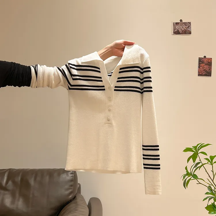 撞色条纹Polo领针织打底衫女春秋新款高级感修身显瘦软糯上衣