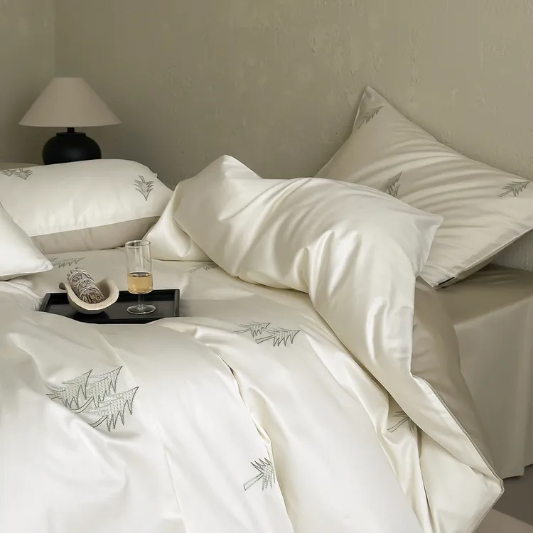 小清新100S长绒棉四件套全棉纯棉小树刺绣轻奢风被套床笠床上用品