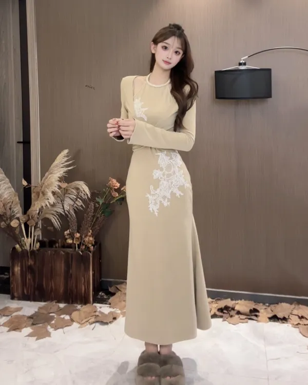 秋冬加绒假两件优雅长袖连衣裙鱼尾长裙