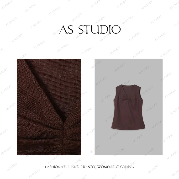 【AS褶骨】25新洋气百搭显瘦捏褶胸口亚麻无袖背心AS25CSY4674