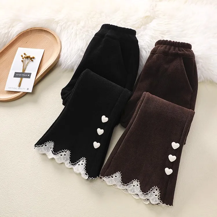 女童加绒休闲裤长裤2025新款秋冬季宝宝童装洋气外穿蕾丝脚口裤子