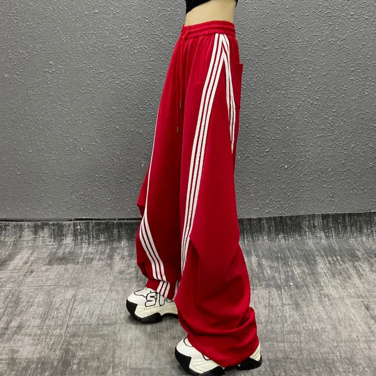 帅气拼色条纹褶纹显瘦休闲弯刀裤女秋新款高腰宽松百搭直筒香蕉裤