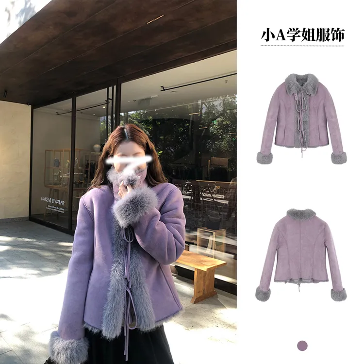 2025秋冬新款韩系高级设计感毛毛领外套女复古棕色酷飒风夹克上衣