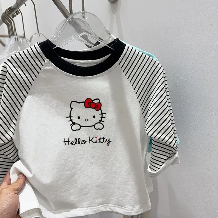 儿童纯棉拼接春秋长袖条纹女卡通印花白色T恤宝宝休闲宽松上衣