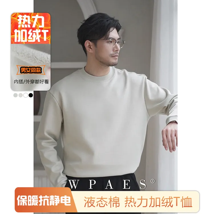 WPAES2025秋冬新款宽松抗皱300g液态棉热力加绒t男小高领长袖T恤