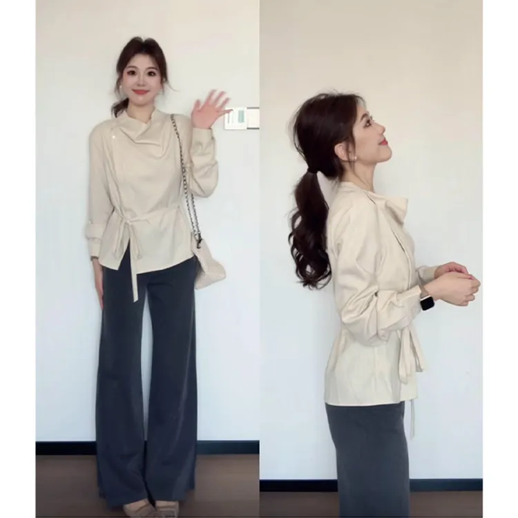 2025秋季新款女韩系穿搭设计感长袖系带上衣气质显瘦直筒裤X11281