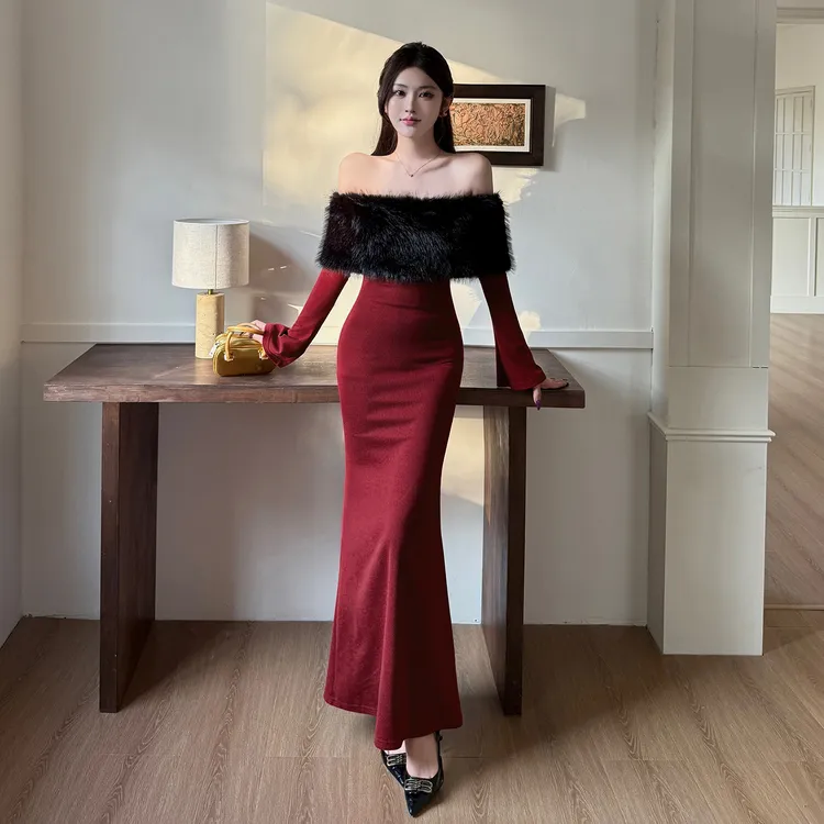 INSTUNNING御姐风红色毛毛领一字肩礼服裙修身显瘦包臀年会连衣裙