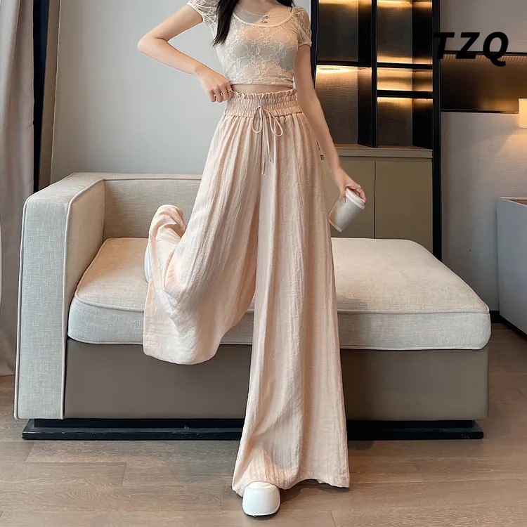 粉色冰丝阔腿裤裙女秋季厚款高腰显瘦松紧腰阔腿休闲裤TZQ2550626