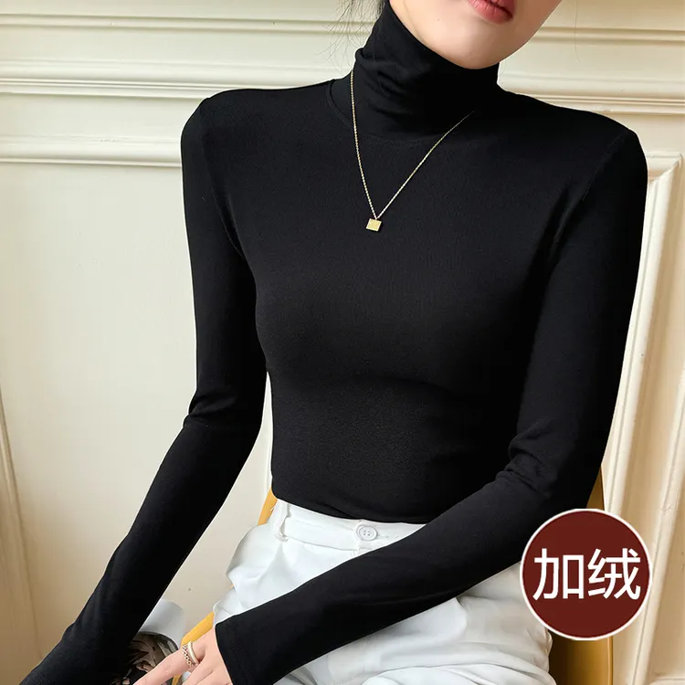 加绒打底衫女秋冬内搭堆堆高领显瘦洋气百搭黑色上衣修身长袖T恤