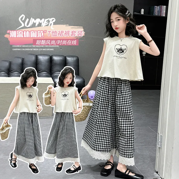 YIZUN.CHOMEL无袖套装新款女大童夏装洋气短袖儿童韩系阔腿裤12岁