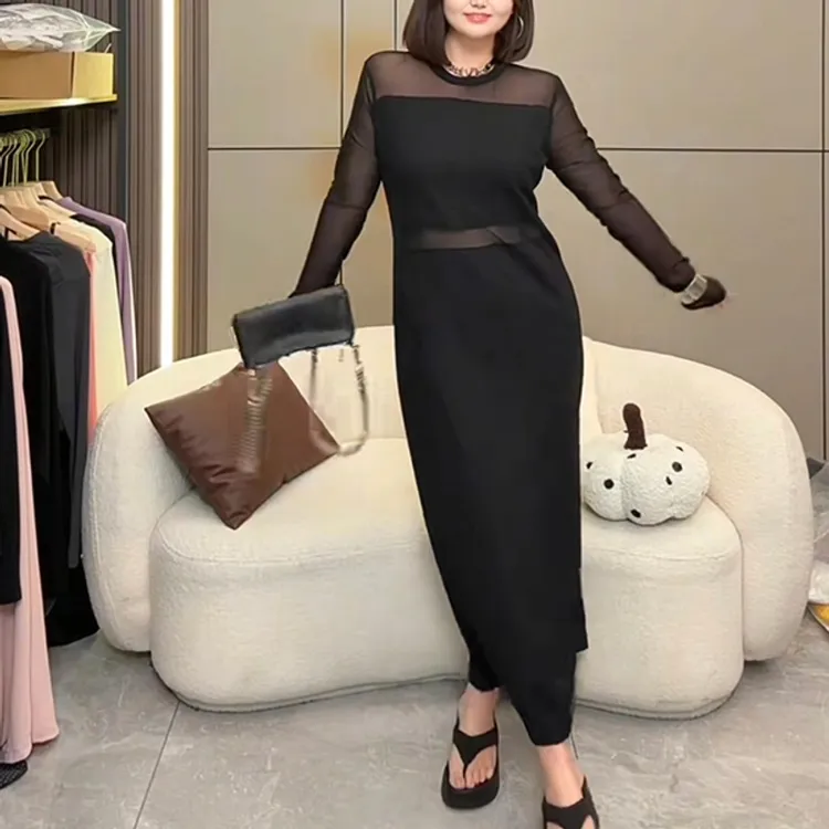 春季新款小众气质打底裙炸街穿搭拼接连衣裙收腰长袖女装网纱裙子
