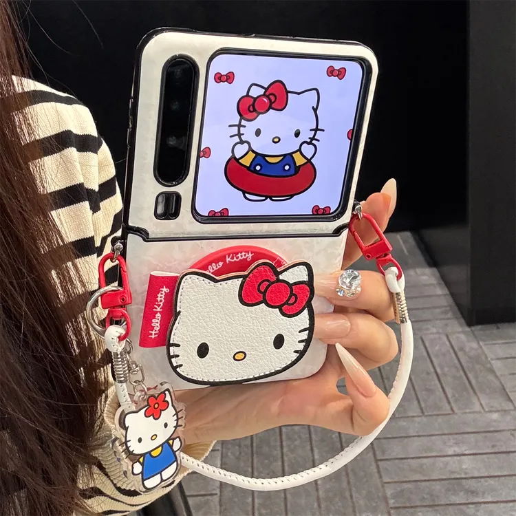 适用华为purax典藏版折叠屏手机壳pocket2皮质kt猫磁吸支架手绳女
