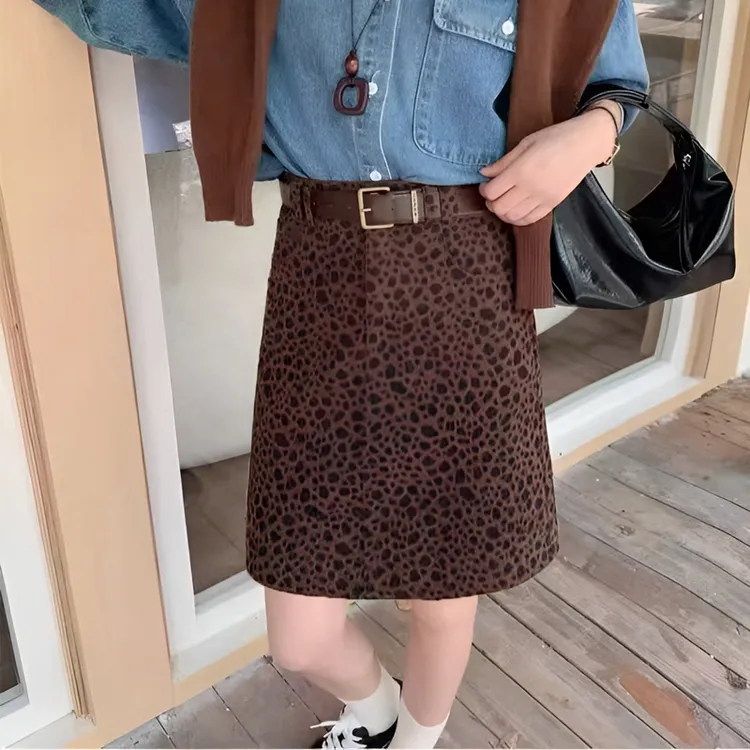 毛呢豹纹半身裙中裙女2025秋冬新款高腰显瘦大码口袋A半身裙A字版