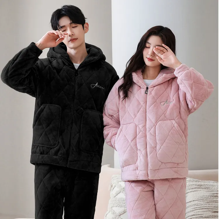 La seule【暖心】三层夹棉加厚特厚冬季保暖可外穿连帽睡衣套装男女