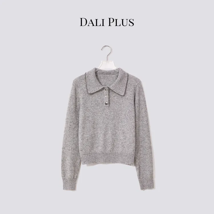 DALI PLUS“苏力羊驼毛”绵羊毛混纺拼接手缝钻Polo领针织-D5MM2547
