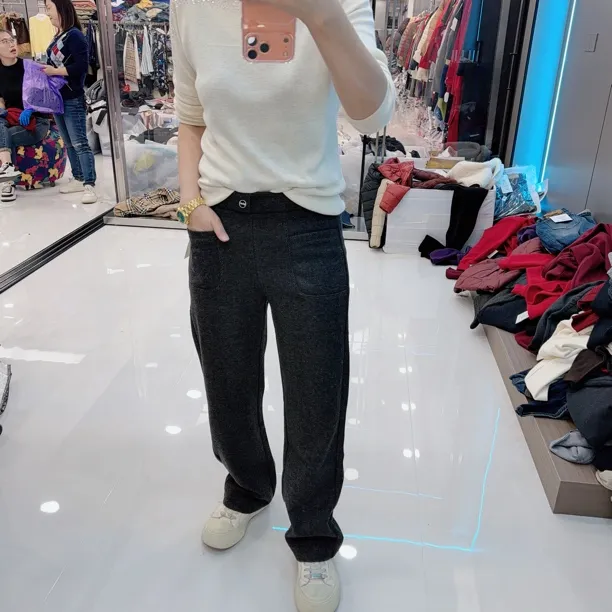 品牌仿羊绒空气层里松紧腰小直筒裤休闲裤9338