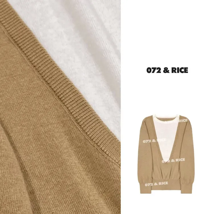 072 & RICE【大V】秋季休闲V领假两件长袖针织衫 XY86825