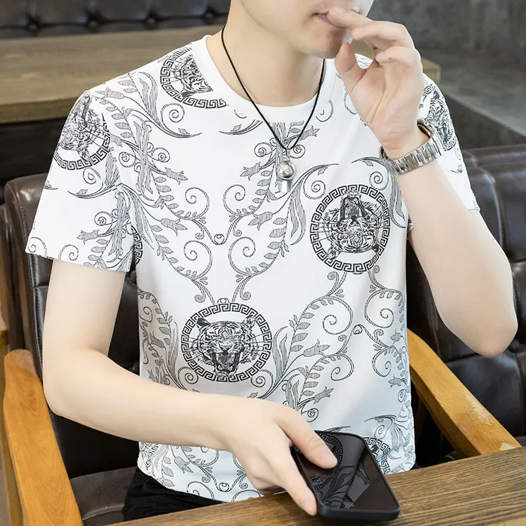 冰丝短袖T恤男凉感欧货轻奢夏季提花潮牌半袖t体恤汗衫痞帅百搭