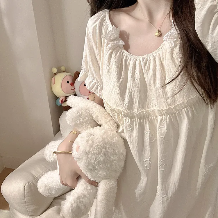 韩系少女感一字领米花睡裙女短袖夏季甜美睡衣小清新中长款家居裙