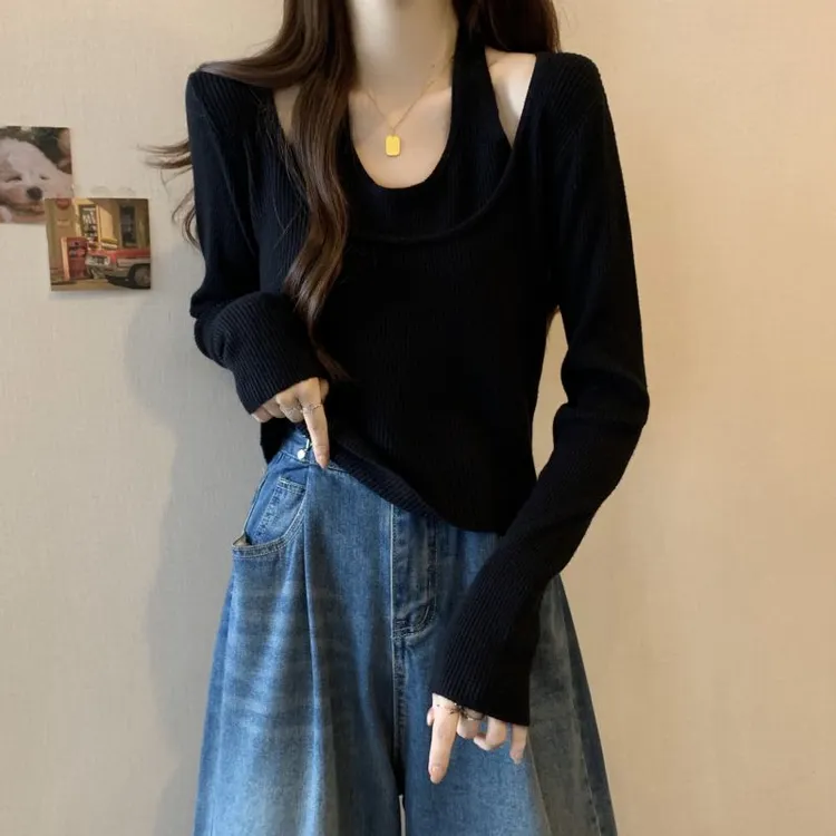 大码遮肚子假两件镂空长袖针织衫女春秋胖mm遮肉显瘦短款打底衫潮