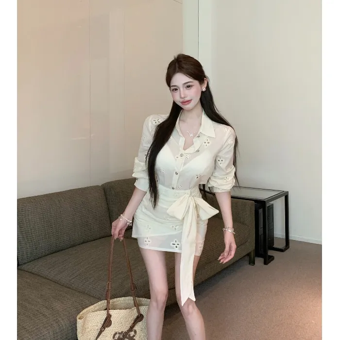法式气质镂空polo领长袖衬衫女春季时尚套装绑带包臀半身裙两件套