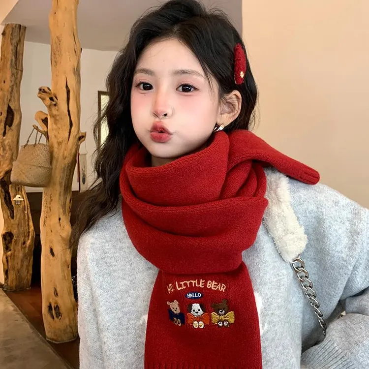 红色围巾女款2025新款冬季针织毛线小熊外搭韩系氛围感保暖围脖秋