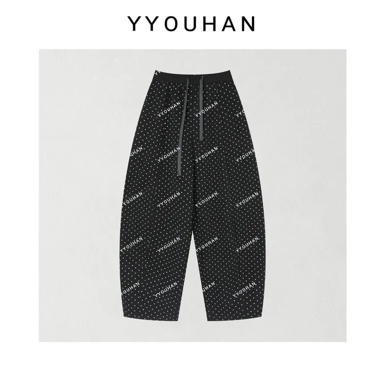 月月 2025冬季新款小众设计极简风加绒黑色波点休闲裤 2511C8340