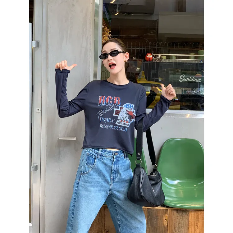 PH《鬼马少女》美式复古印花短款时尚休闲百塔长袖套头衫 PH2382