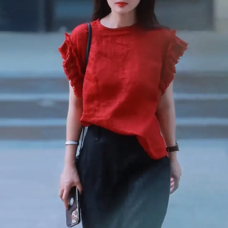 时尚洋气复古木耳边短袖衬衫女夏季新款减龄高级宽松显瘦百搭上衣