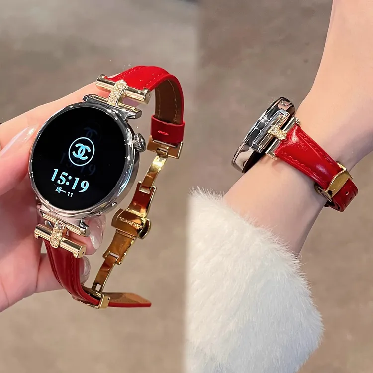适用华为手表表带真皮凯旋门镶钻蝴蝶扣gt5GT3watch3watch4GT4pro