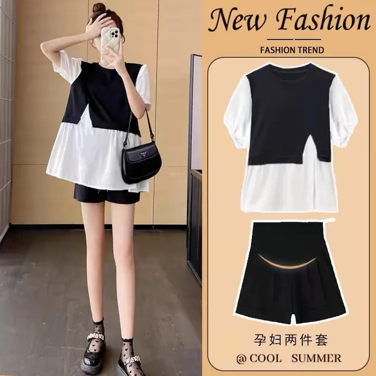 夏装孕妇两件套装时尚款气质显瘦遮肚上衣宽松短裤孕妇小个子夏天