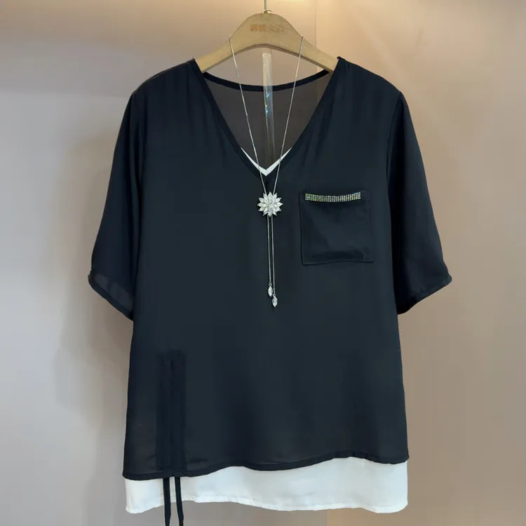 宽松型抗起球拼接V领短袖通勤T恤设计感夏装欧美风