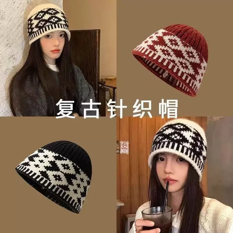 【皮卡】复古拼色菱形格子针织毛线帽2026年秋冬显脸小驾车个人用品