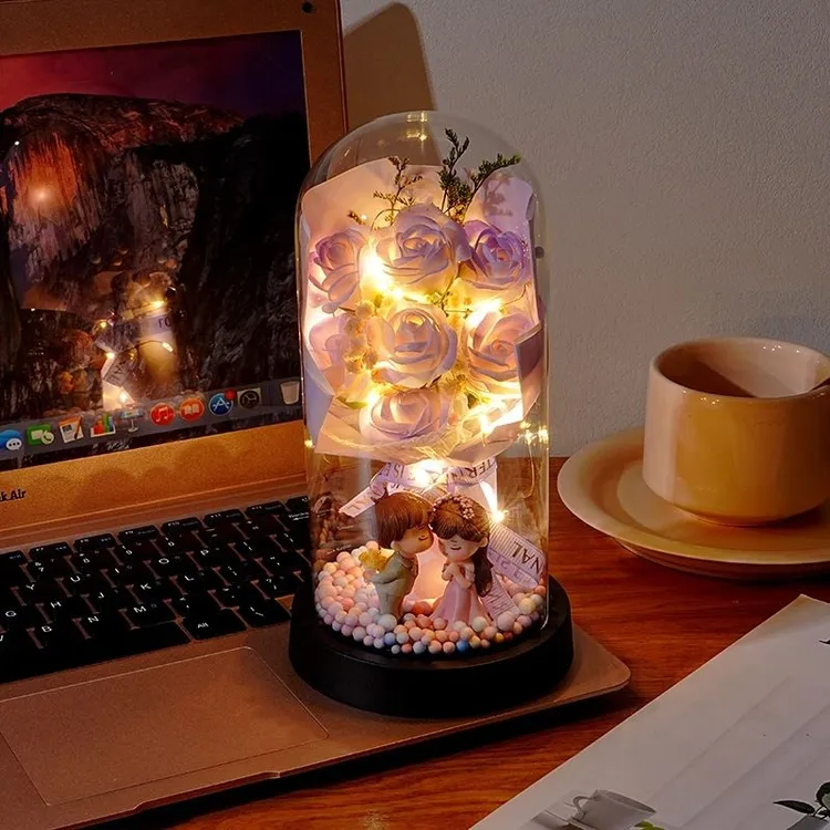 永生花玻璃罩玫瑰花束浪漫夜灯送女友闺蜜生日新婚礼物