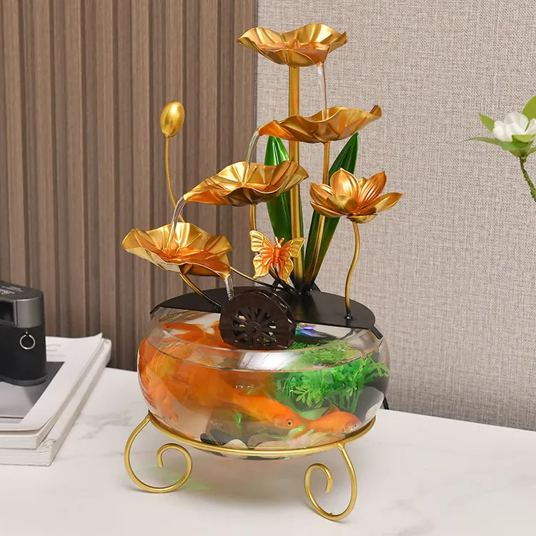 循环水流摆件轻奢荷花流水摆件自动循环客厅桌面创意生态养鱼办公
