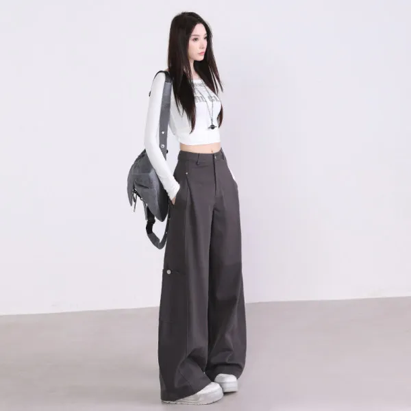 【丹丹专属】卡其色工装裤女秋季2025新款高腰宽松显瘦复古老钱风加长弯刀裤子