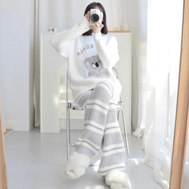 2025冬季新款睡眠可爱考拉半边绒睡衣女可外穿简约家居服两件套装