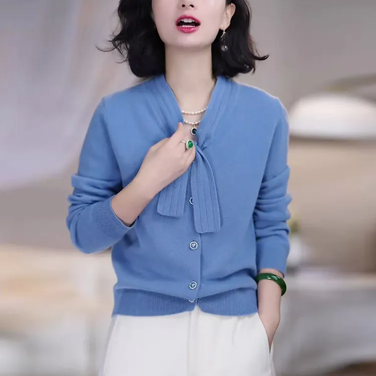 飘带v领蓝色针织衫女士2025秋季洋气减龄蝴蝶结系带打底毛衣上衣
