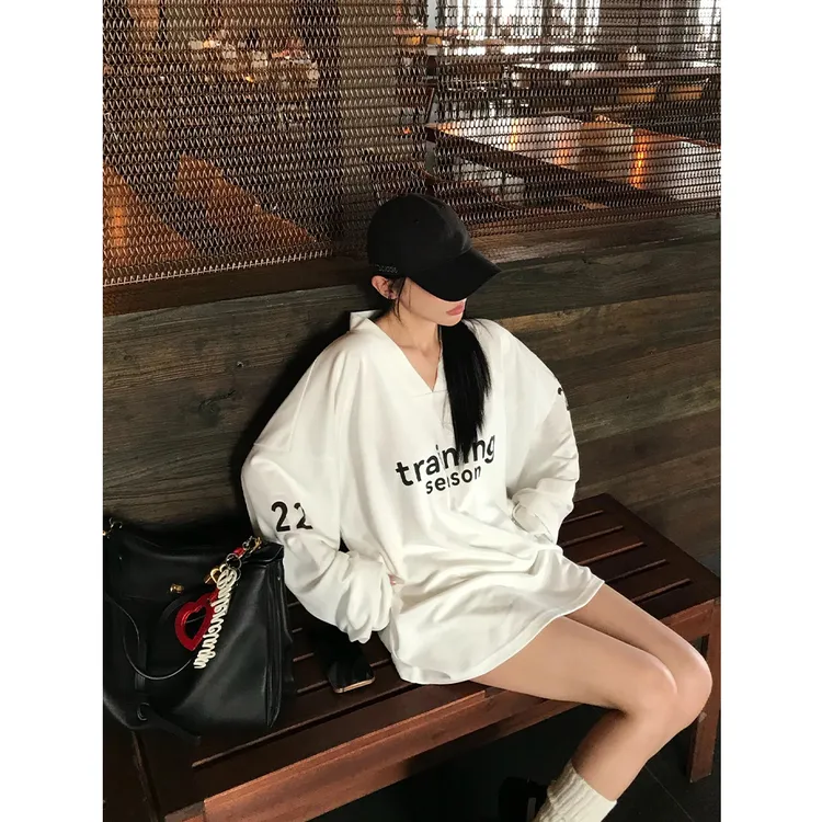 美式白色v领卫衣女秋季oversize慵懒风球衣长袖上衣早秋情侣穿搭