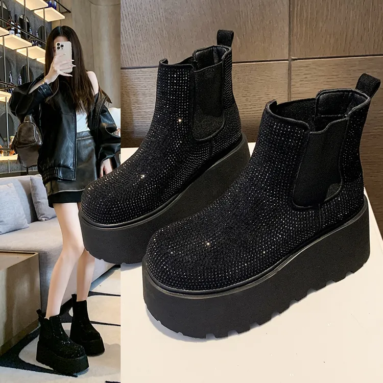 重工时尚满钻厚底增高短靴烟管靴女2025秋冬新款加绒百搭休闲鞋