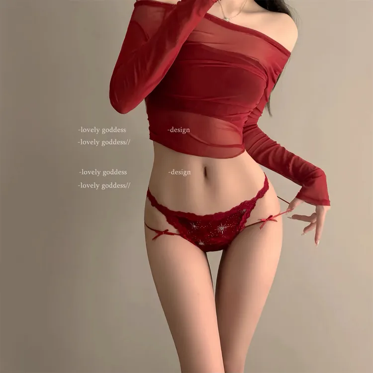 星河赴梦~ 纯欲性感细闪丝绒蕾丝女士内裤细带腿环透明三角裤