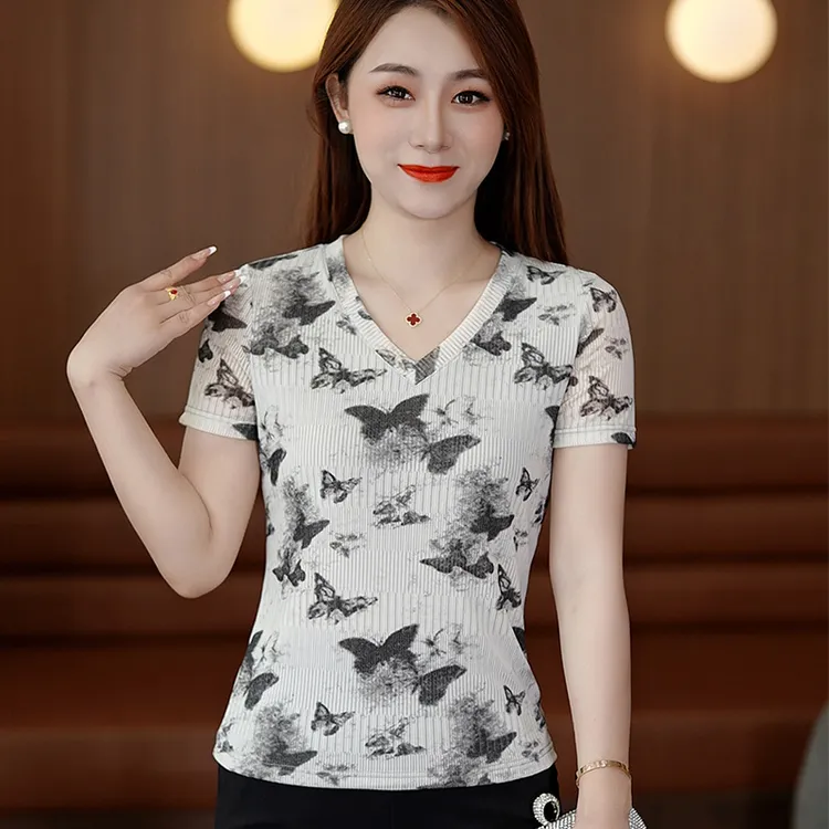 夏季新款v领短袖T恤洋气减龄印花网纱女士上衣显瘦修身气质小衫