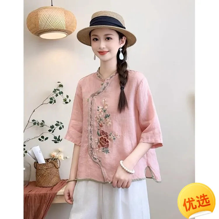 女装棉麻文艺复古苎麻衬衫女新中式刺绣国风茶服立领上衣