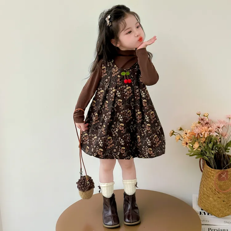 女童洋气套装春秋季2025新款女宝宝韩版秋装儿童碎花背心裙两件套