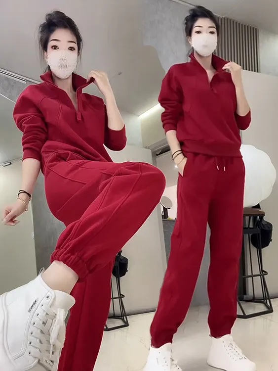 爆款新年本命年红色休闲运动套装半拉纯色时尚减龄冬季加绒加厚款