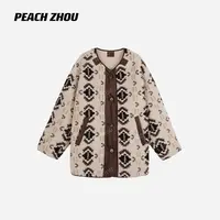 『PEACHZHOU』双面穿费尔岛宽松圆领系扣夹棉外套复古休闲保暖棉服
